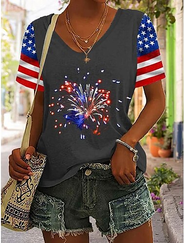  独立記念日 ウィメンズ パトリオティック 第四の七月 Tシャツ グラフィック アメリカ国旗 ヴィンテージ スタイリッシュ クラシック 半袖 Vネック レギュラー トップス 日常 ウィークエンド プリント ブラック ホワイト グレー 夏 春
