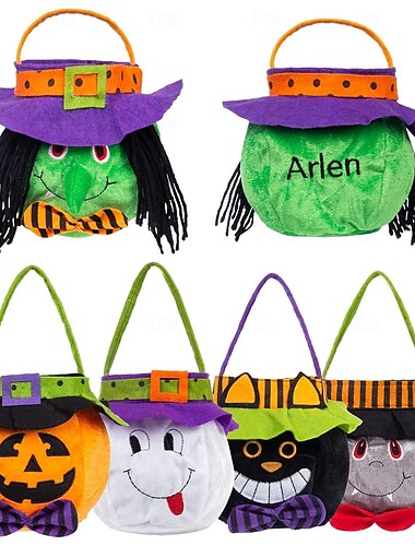  Borsa per dolcetti di Halloween con nome personalizzato per bambini, borsa per caramelle personalizzata per dolcetto o scherzetto, sacco regalo di grande capacità con nome ricamato, borsa in tessuto