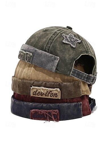  Retro-Skull-Cap aus gewaschener Baumwolle mit Stern-Patch für Herren – verstellbarer Vintage-Hut ohne Krempe für Freizeitausflüge im urbanen Stil und Streetwear