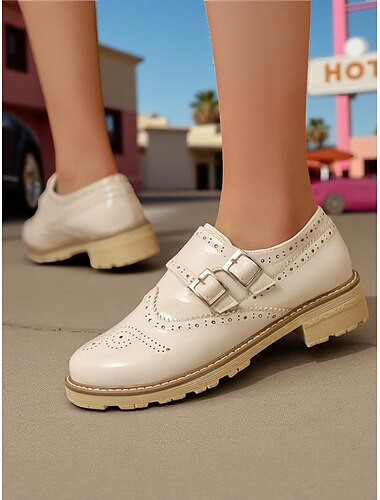  Γυναικεία κρεμ δερμάτινα λουστρίνι brogue oxford παπούτσια – vintage φλατ παπούτσια με διπλή αγκράφα για καθημερινή χρήση ή ρετρό στυλ
