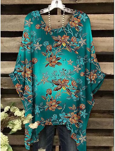 Mujer Blusa Floral Graphic Elegante Vintage Diario Manga Corta Manga Murciélago Cuello Barco Tops regulares Diario Festivos Ropa de playa Amarillo Rojo Azul Piscina Morado Verde Trébol Verano