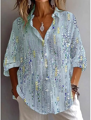  Damen Hemd Bluse Grafik Abstrakt Bohemien Täglich Stilvoll Langarm Hemdkragen Normale Oberteile Täglich Ferien Ausgehen Knöpfe Hellgrün Rosa Violett Leicht Blau Sommer Frühling