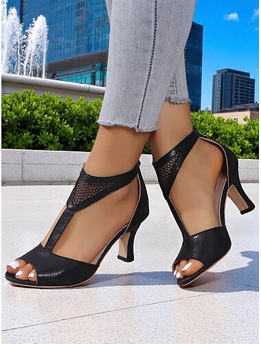  Schwarze Peep-Toe-Sandalen aus Mesh mit hohem Absatz und Cutout-Design für Damen – stylische, atmungsaktive Absätze für lässige Verabredungen und Sommerausflüge