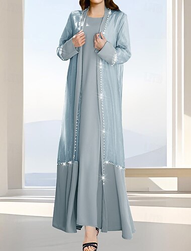  Deux Pièces Ligne A Robe de Mère de Mariée  Formel Élégant Simple Luxueux Col Bateau Longueur au sol Satin Organza manche longue avec Cristaux 2025