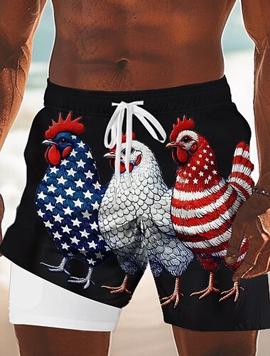  Shorts foderati patriottici con gallo e bandiera americana per uomo per il Giorno dell'Indipendenza pantaloni da spiaggia 2 in 1 costumi da bagno altezza media vacanza tasche laterali con fodera a