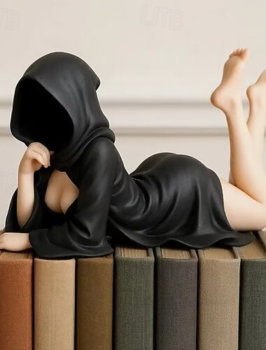  mystisk statue med hætte gotisk hyldedekoration, harpiks uhyggelig sød kvindefigur bogstøtte, mørk æstetisk skulptur til hjemmet, kontoret, bogreolen, halloween eller året rundt