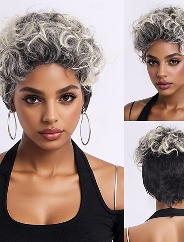  Synthetische Perücken Lockig Afro Bob Mit Pony Maschinell hergestellt Perücke 10 Zoll A1 Synthetische Haare Damen Klassisch Bequem Farbverläufe Mehrfarbig