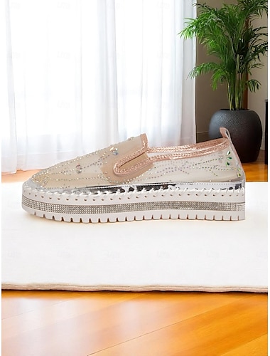  Damen-Sneaker zum Hineinschlüpfen mit Strass-Mesh-Plateau – funkelnde, atmungsaktive Freizeitschuhe mit dicker Sohle für tägliche Verabredungen und stilvolle Ausflüge