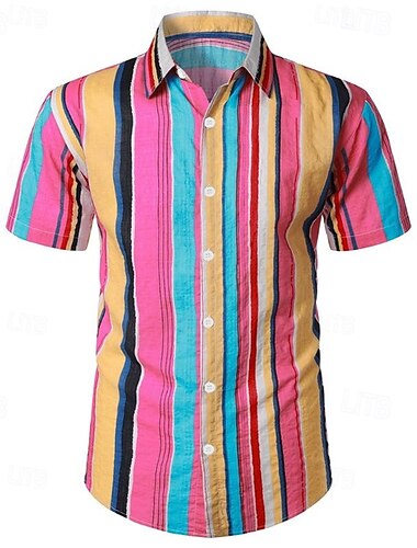  Herren Hemd Sommerhemd Freizeithemd Strandhemd Knopfhemd Rosa Rote Blau Kaffee Kurzarm Streifen Revers Urlaub Hawaiianisch Bekleidung Polyester Mode Lässig Bequem