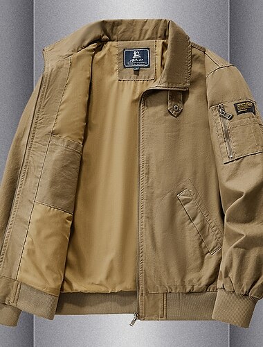  100% Cotton Men's Bomber Jacket Tactical Jacket Motorcycle Jacket Outdoor Casual Soft Multiple Pockets Spring & Fall Plain National Flag Casual Comfortable Stand Collar Black White Khaki Green