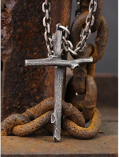  Rustikale Halskette mit Kreuzanhänger für Herren – gotisches Design mit Holzstruktur aus Legierung für Halloween-Partys und Vintage-Punk-Stil