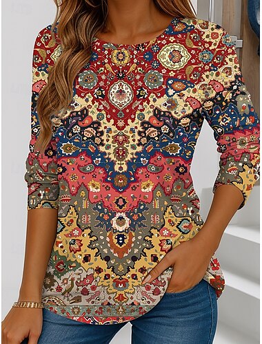  Damen T Shirt Grafik Abstrakt Geometrie Vintage Stilvoll Lässig Langarm Rundhalsausschnitt Normale Oberteile Täglich Wochenende Druck Rote Blau Purpur Grün Sommer
