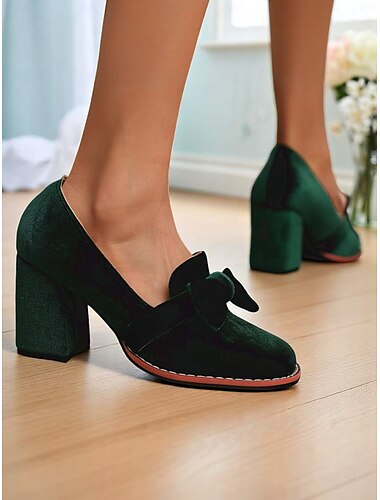  Mocasines vintage de terciopelo verde estilo años 50 para mujer con tacones gruesos y lazo: elegantes tacones retro para fiestas, oficina y ocasiones formales.
