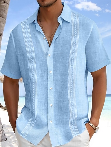  Herren Leinenhemd Guayabera Hemd Strandbekleidung Knopfhemd Texture Urlaub Lässig Weiß Blau Grün Grau Kurzarm Umlegekragen Sommer Frühling Bekleidung