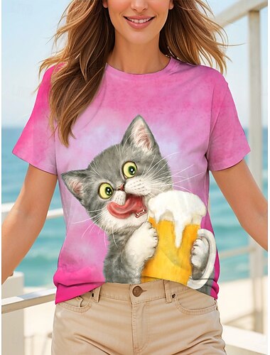  Damen T Shirt Grafik Tiermotiv Katze Vintage Stilvoll Klassisch Kurzarm Rundhalsausschnitt Rundhals Normale Oberteile Täglich Wochenende Druck Weiß Gelb Rosa Rote Blau Sommer Frühling
