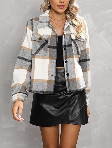  Damen Hemdjacke Freizeitjacke Bequem Tasche Knöpfe Mode Outdoor Karomuster Ausgehen Wochenende Reisverschluss Regulär Revers Normale Passform Langarm Oberbekleidung Grün Grau Herbst Winter