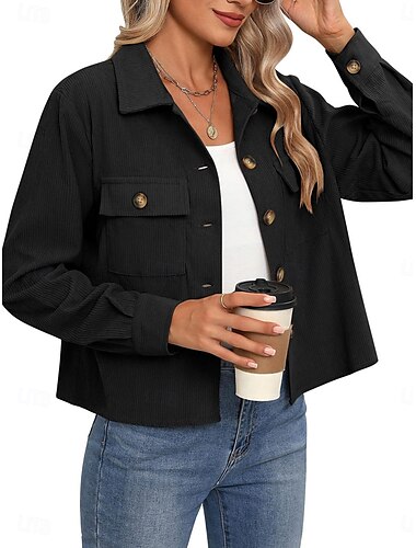 Damen Freizeitjacke Jacke-Shirt Bequem Atmungsaktiv Tasche Mode Lässig Einfach Urlaub Straße Lässig Alltagskleidung Einreihig Kurz Umlegekragen Normale Passform Langarm Oberbekleidung Schwarz Wei