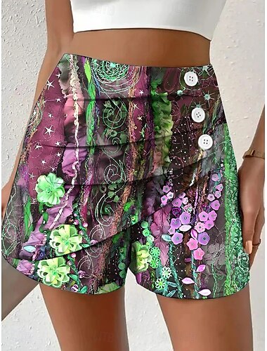  Damen Chinos Shorts Urlaub Vintage Ethno-Stil Kurz Hohe Taille Blumen Grafik Plissiert Mikroelastisch Formell Urlaub Straße Violett Rubinrot Gelb Sommer Frühling Normale Passform