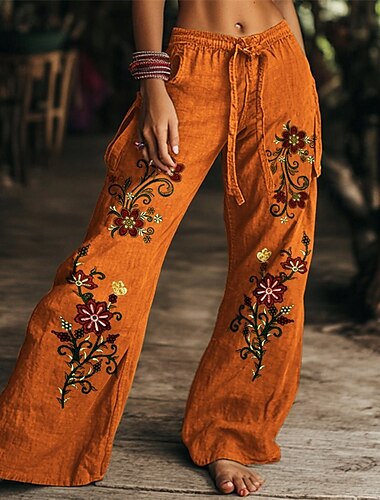  Damen Hosen Hose Palazzo-Hose Mode Streetwear Komfort Volle Länge Hohe Taille Blumen Elastischer Bund Bequem Außenbereich Straße Alltagskleidung Ausgehen Orange Sommer Normale Passform
