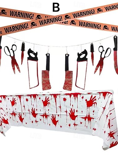  Halloween-Dekorationsset mit blutigen Handabdrücken, einschließlich Fensteraufklebern, Banner mit Blutmesser und PVC-Tischdecke, perfekt für Halloween, Spukhäuser und gruselige Festivaldekorationen