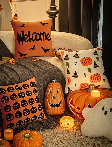  ハロウィンの枕カバー、カボチャの秋刺繍入り装飾用クッションカバー、スマイリーゴーストのクモの巣柄の枕カバー、リビングルームの寝室ソファ用のハロウィン装飾