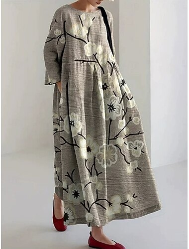  Damen Midikleid Sommerkleid A Linie Kleid Urlaub Lässig Strand Ferien Lässiger Schnitt Blumen Grafik Langarm Rundhalsausschnitt U-Boot-Ausschnitt Hellgrün Khaki Grau Sommer Frühling