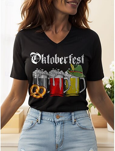  Oktoberfest Dámské Tričko Grafika Písmeno Vinobraní stylové Klasické Krátký rukáv Do V Běžné topy Denní Tisk Černá Bílá Žlutá Rubínově červená Vodní modrá Léto Jaro