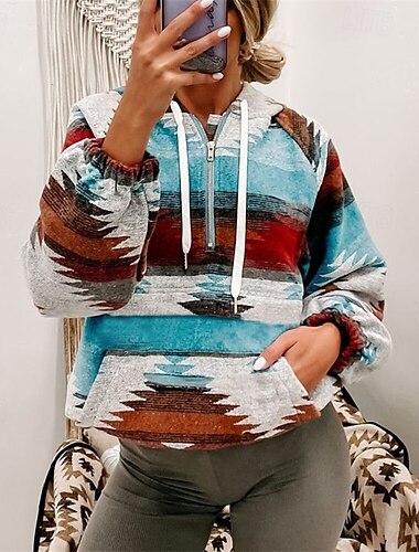  Damen Kapuzenpullover Stammes Streetwear Lässig Bequem Langarm Mit Kapuze Normale Oberteile Straße Ferien Ausgehen Druck Viertel Postleitzahl Blau Herbst