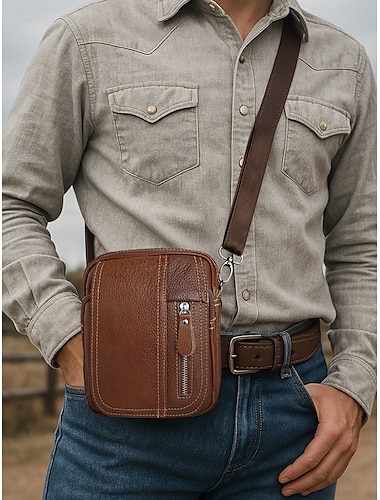  Herren-Umhängetasche aus echtem Leder mit Reißverschlusstasche im Retro-Stil, kann in den Gürtel gesteckt werden und als Hüfttasche verwendet werden, geeignet für Reisen im Freien, Wandern, Camping oder als Western-Cowboy-Kleidung