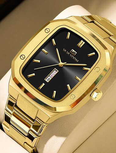  va va voom topmerk heren polshorloges luxe waterdicht goud zwart zilver datum weekweergave vierkant horloge voor heren roestvrij staal horloge