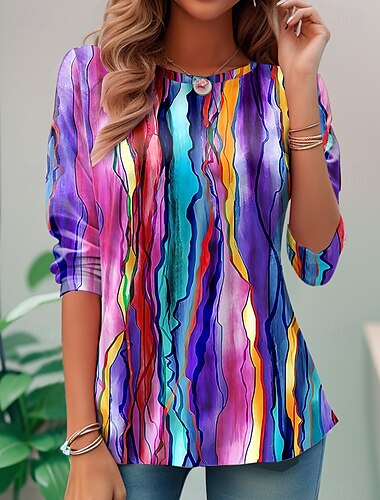  Damen T Shirt Ombre Grafik Geometrisch Basic Langarm Rundhals Normale Oberteile Täglich Sport Ausgehen Druck Gelb Blau Himmelblau Purpur Orange Sommer Frühling Herbst Winter
