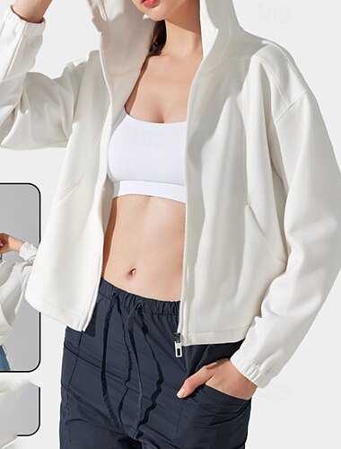  Damskie Rozpinana bluza z kapturem Kurtka Outdoorowa Kurtka z kapturem Kurtka sportowa Kieszeń na zamek Długi rękaw Top Athleisure Jesień Bawełna Keep Warm Odporność na wiatr Pilates Bieganie Joga
