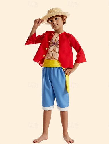  One Piece Pirat Monkey D. Luffy Animé Kläder Kostym Cosplay-kostymer Halloween Karnival Världsbokdagen Prestanda Pedagogisk klädsel Klädsel för skolevenemang Shorts Hatt Till Pojkar Barn