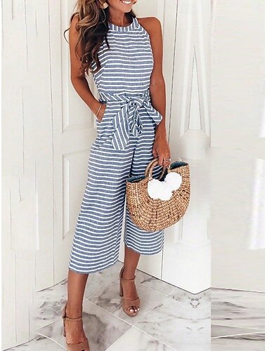  Dames Normaal Jumpsuit Actief Gestreept Mouwloos Halternek Zak Afdrukken Vakantie Dagelijks Normale pasvorm Blozend Roze blauw Groen Zomer
