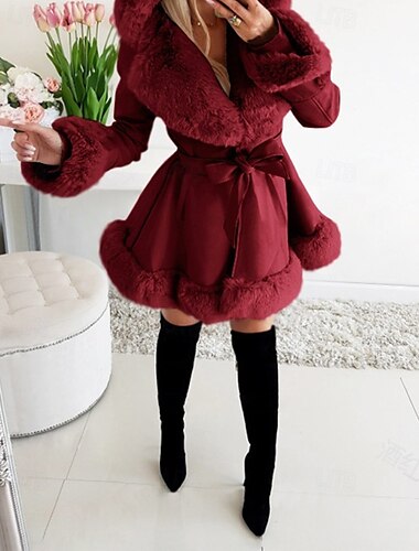 Damen Mantel Warm Bequem Pelzkragen Mode Outdoor Einfach Outdoor Urlaub Lang Mit Kapuze Normale Passform Langarm Oberbekleidung Schwarz Wein Blau Herbst Winter