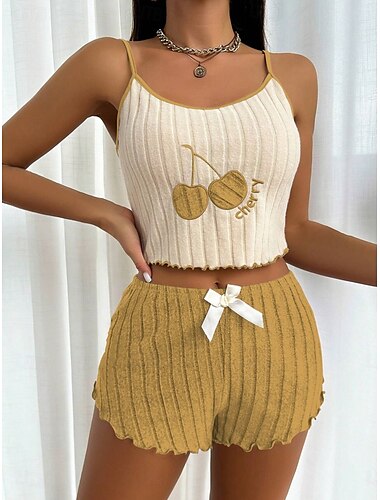  Damen Schlafanzug Set Lässig Komfort Kirsche Elastischer Bund Trägertop Shorts Heim Täglich Ärmellos Träger Gelb Rosa Blau Purpur Sommer Normale Passform