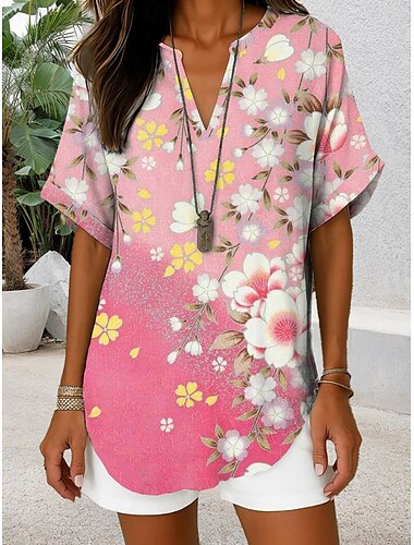  Damen Bluse Grafik Geometrisch Abstrakt Elegant Täglich Lässig Kurzarm V Ausschnitt Normale Oberteile Täglich Ferien Salbeigrün Rosa Rote Purpur Sommer Frühling