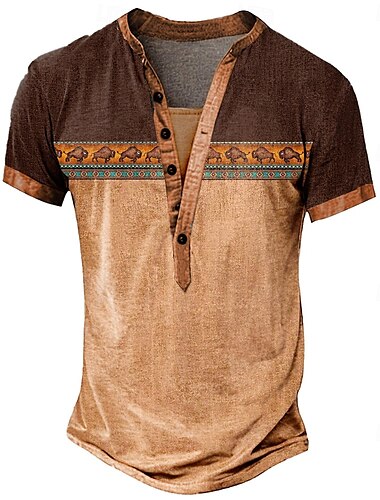  Herren Stammes Ethnisch T Shirt Henley Hemd T-Shirt Kurzarm Designer Basic Ethnisch Outdoor Lässig Täglich Sommer Grün Marineblau Braun Henley Henley T-Shirt