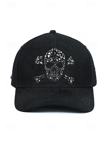 Schwarze Baseballkappe mit Totenkopfmotiv für Herren mit Kristalldesign im Gothic- und Retro-Stil, perfekt für Halloween-Partys und Fans der Gothic-Mode
