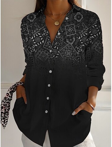  Damen Hemd Geometrisch Farbblock Vintage Western Ethnisch Langarm Hemdkragen Normale Oberteile Täglich Ferien Knöpfe Druck Schwarz Rote Blau Braun Grün Frühling Herbst