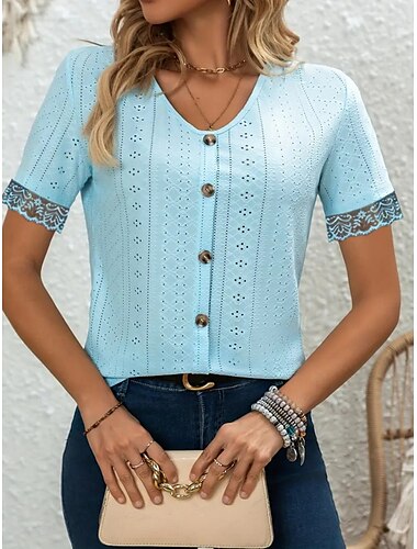  Damen Spitzenbluse Einfarbig Stilvoll Lässig Strand Kurzarm V Ausschnitt Normale Oberteile Täglich Spitze Patchwork Knöpfe Weiß Himmelblau Sommer