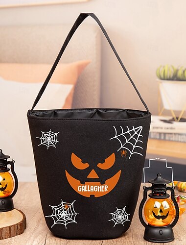 Pungă personalizată cu nume pentru dulciuri de Halloween pentru copii, coșuleț personalizat din iută pentru bomboane, pentru trick or treat, sac de cadouri amuzant cu mâner, pungă creativă pentru