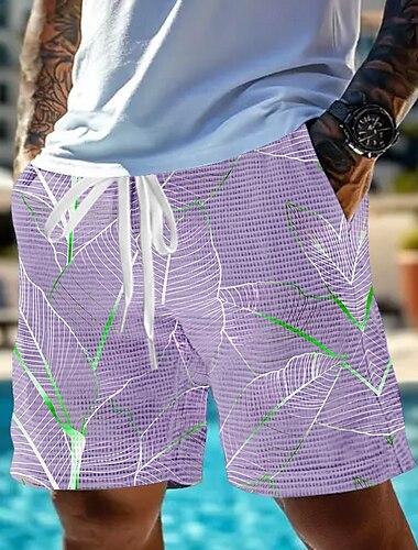  Herren Palmblatt Tropische Pflanzen Waffel-Shorts Sweat-Shorts Freizeitshorts Mittlere Taille Modisch lässig Urlaub Joggen Trainieren Elastischer Kordelzug in der Taille Shorts mit Taschen Designer