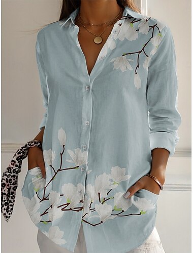  Per donna Camicia Floreale Attivo Quotidiano Elegante Manica Lunga Colletto a Camicia Top Regolari Quotidiano Ferie Bottoni Stampato Blu Primavera Autunno