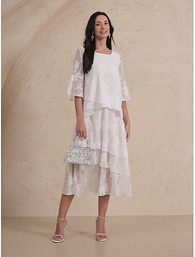  Damen Rock Elegant Midi Mittlere Taille Röcke Blumenmuster Geschichtet Unelastisch Party Lässig Weiß Sommer Chiffon