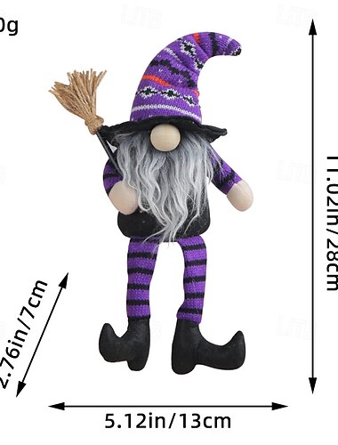  Bambola gnomo di Halloween con scopa e cappello da strega, bambola a strisce con gambe lunghe e senza volto, accessorio decorativo per festival di fantasmi spettrali
