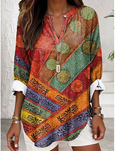  Dames Blouse Bloemig Grafisch Geometrisch Elegant Stijlvol Lange mouw V-hals Normale tops Dagelijks Feestdagen Afdrukken Rood blauw Paars Groen Zomer Lente
