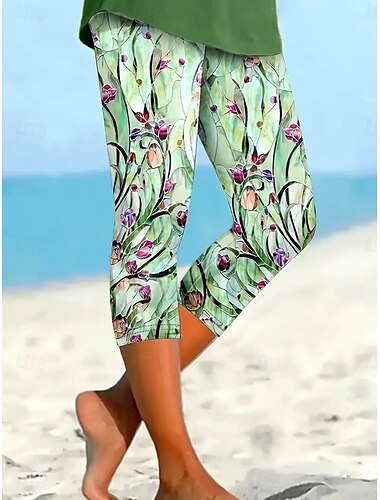  Damen Leggings Capri Hosen mit hoher Elastizität Mode Streetwear kniehoch hohe Taille florales Grafikdruck atmungsaktiv weich Outdoor täglich Grün Sommer Frühling reguläre Passform