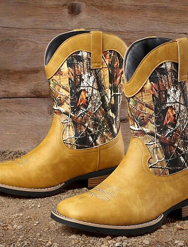  Botas vaqueras occidentales con estampado de camuflaje para hombre, diseño de piel sintética a media pantorrilla con punta cuadrada y tacón duradero para eventos campestres, rodeos y paseos al aire libre.