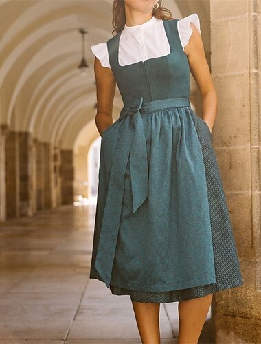  Damen Bayerisches Dirndl Kleid mit Schürze Oktoberfest Karneval Traditionelles Trachtenkleid Outfit